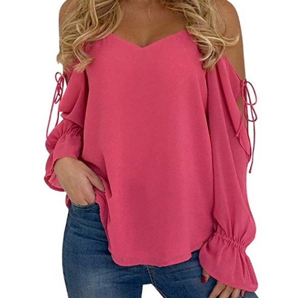 DONATED - 💗💗NWOT Chiffon Lace Up Long Sleeve Cold Shoulder - Picture 1 of 4